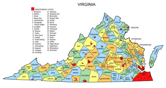 Free Virginia county map, state, printable, outline, county lines, shape, template, download.
