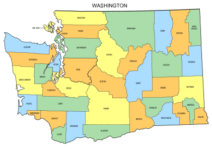 Free Washington county map, state, printable, outline, county lines, shape, template, download.