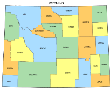 Free Wyoming county map, state, printable, outline, county lines, shape, template, download.