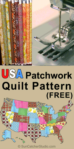 USA Patchwork Map Quilt pattern cut sew stencils and designs together to create quilt of the United States (US), DIY.