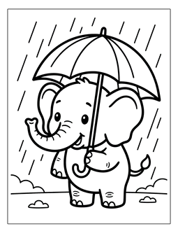 13. Elephant with an umbrella in the rain coloring page. Elephant coloring page, elephant coloring sheets, color, coloring page, coloring, page, sheet, elephant, printable, free, book, pictures to color, easy, children, adult, print, download, pdf.