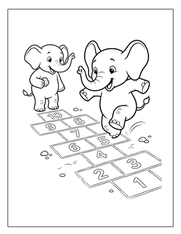 18. Elephants playing hopscotch coloring page. Elephant coloring page, elephant coloring sheets, color, coloring page, coloring, page, sheet, elephant, printable, free, book, pictures to color, easy, children, adult, print, download, pdf.