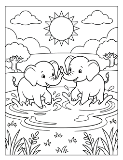 20. Two baby elephants playing in a puddle coloring sheet. Elephant coloring page, elephant coloring sheets, color, coloring page, coloring, page, sheet, elephant, printable, free, book, pictures to color, easy, children, adult, print, download, pdf.