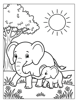 22. Mother and baby elephant walking coloring sheet. Elephant coloring page, elephant coloring sheets, color, coloring page, coloring, page, sheet, elephant, printable, free, book, pictures to color, easy, children, adult, print, download, pdf.