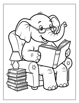 5. Grandma or Grandpa elephant reading a book. Elephant coloring page, elephant coloring sheets, color, coloring page, coloring, page, sheet, elephant, printable, free, book, pictures to color, easy, children, adult, print, download, pdf.