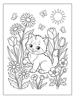 11. Flowers and a kitten. Flowers coloring page, flowers coloring sheet, color, coloring page, flowers, printable, free, book, pictures to color, print, download, pdf.