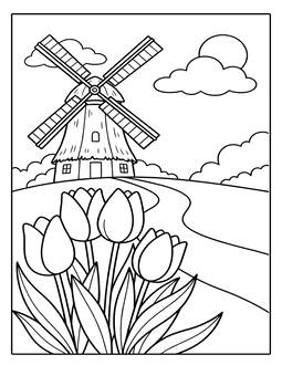 16. Tulip flowers and a windmill coloring sheet. Flowers coloring page, flowers coloring sheet, color, coloring page, flowers, printable, free, book, pictures to color, print, download, pdf.