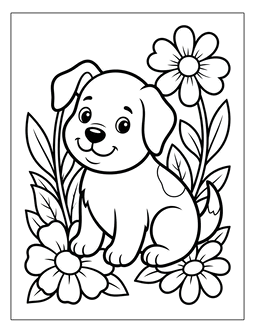 5. Puppy and flowers to color. Flowers coloring page, flowers coloring sheet, color, coloring page, flowers, printable, free, book, pictures to color, print, download, pdf.