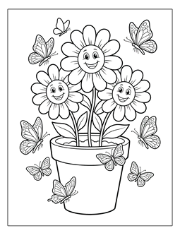 6. Happy flowers coloring page. Flowers coloring page, flowers coloring sheet, color, coloring page, flowers, printable, free, book, pictures to color, print, download, pdf.