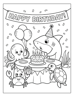 16. Happy birthday shark coloring sheet. Shark coloring page, shark coloring sheets, color, coloring page, shark, printable, free, book, pictures to color, easy, children, adult, print, download, pdf.