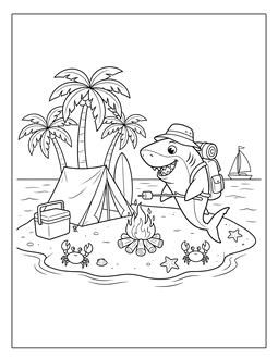 21. Printable shark on an island. Shark coloring page, shark coloring sheets, color, coloring page, shark, printable, free, book, pictures to color, easy, children, adult, print, download, pdf.