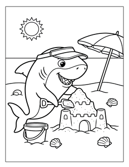 4. Shark making a sandcastle coloring sheet. Shark coloring page, shark coloring sheets, color, coloring page, shark, printable, free, book, pictures to color, easy, children, adult, print, download, pdf.