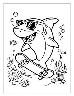 5. Shark skateboarding coloring page. Shark coloring page, shark coloring sheets, color, coloring page, shark, printable, free, book, pictures to color, easy, children, adult, print, download, pdf.