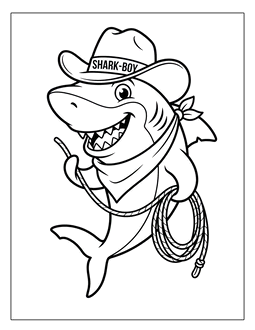 6. Cowboy or cowgirl shark coloring sheet. Shark coloring page, shark coloring sheets, color, coloring page, shark, printable, free, book, pictures to color, easy, children, adult, print, download, pdf.