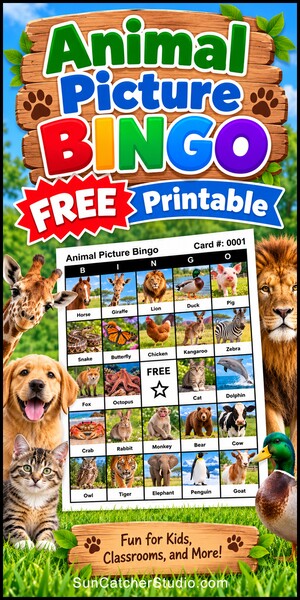 Free printable animal picture bingo cards for kids featuring realistic animal images and words, perfect for classrooms, DIY, preschool, school parties, family games, and homeschool activities. PDF and PNG downloads.