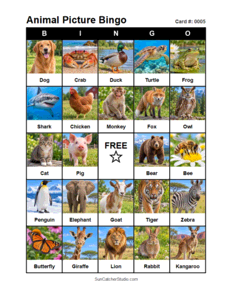 Animal Picture Bingo Card #0005. Free printable animal picture bingo card for kids with animal pictures and words, perfect for classroom games, parties, preschool, and elementary school activities.