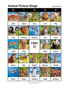 Animal Picture Bingo Card #0015. Free printable animal picture bingo card for kids with animal pictures and words, perfect for classroom games, parties, preschool, and elementary school activities.