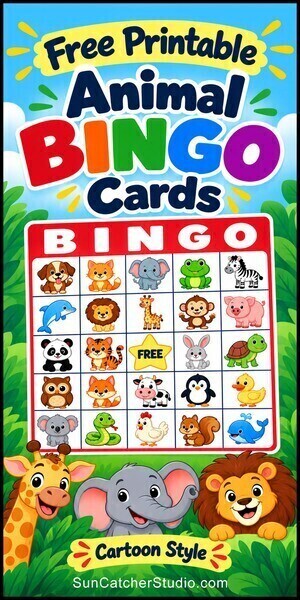 Free printable Animal Bingo Cards for kids with colorful cartoon-style animal pictures and words. Fun classroom, preschool, elementary school, homeschool, family, and animal-themed party game with PDF and PNG downloads.