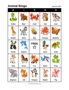 Animal Bingo Card #0001. Free printable animal bingo card for kids with animal pictures and words, perfect for classroom games, parties, preschool, and elementary school activities.