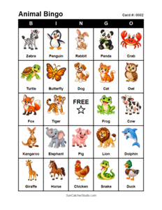 Animal Bingo Card #0002. Free printable animal bingo card for kids with animal pictures and words, perfect for classroom games, parties, preschool, and elementary school activities.