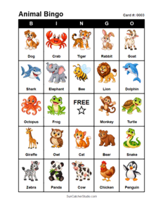 Animal Bingo Card #0003. Free printable animal bingo card for kids with animal pictures and words, perfect for classroom games, parties, preschool, and elementary school activities.