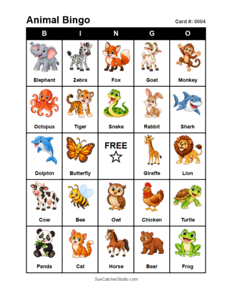 Animal Bingo Card #0004. Free printable animal bingo card for kids with animal pictures and words, perfect for classroom games, parties, preschool, and elementary school activities.