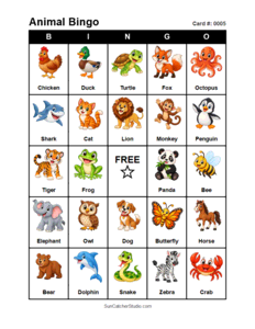 Animal Bingo Card #0005. Free printable animal bingo card for kids with animal pictures and words, perfect for classroom games, parties, preschool, and elementary school activities.