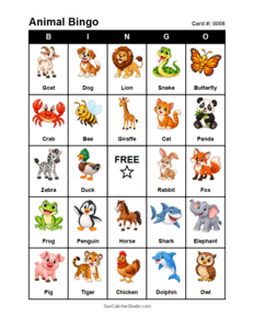Animal Bingo Card #0006. Free printable animal bingo card for kids with animal pictures and words, perfect for classroom games, parties, preschool, and elementary school activities.