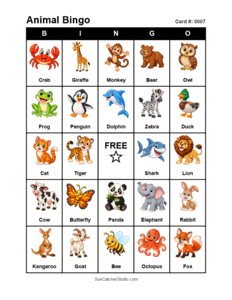 Animal Bingo Card #0007. Free printable animal bingo card for kids with animal pictures and words, perfect for classroom games, parties, preschool, and elementary school activities.