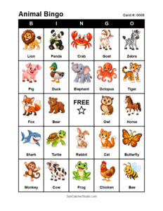 Animal Bingo Card #0008. Free printable animal bingo card for kids with animal pictures and words, perfect for classroom games, parties, preschool, and elementary school activities.