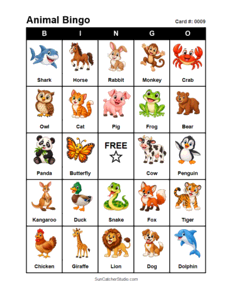 Animal Bingo Card #0009. Free printable animal bingo card for kids with animal pictures and words, perfect for classroom games, parties, preschool, and elementary school activities.