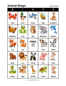 Animal Bingo Card #0010. Free printable animal bingo card for kids with animal pictures and words, perfect for classroom games, parties, preschool, and elementary school activities.