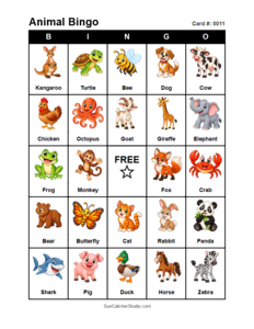 Animal Bingo Card #0011. Free printable animal bingo card for kids with animal pictures and words, perfect for classroom games, parties, preschool, and elementary school activities.