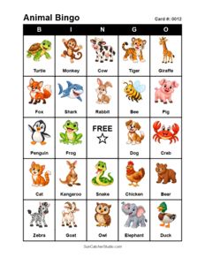 Animal Bingo Card #0012. Free printable animal bingo card for kids with animal pictures and words, perfect for classroom games, parties, preschool, and elementary school activities.