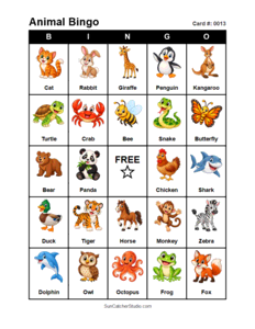 Animal Bingo Card #0013. Free printable animal bingo card for kids with animal pictures and words, perfect for classroom games, parties, preschool, and elementary school activities.