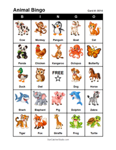 Animal Bingo Card #0014. Free printable animal bingo card for kids with animal pictures and words, perfect for classroom games, parties, preschool, and elementary school activities.