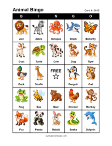 Animal Bingo Card #0015. Free printable animal bingo card for kids with animal pictures and words, perfect for classroom games, parties, preschool, and elementary school activities.