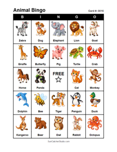 Animal Bingo Card #0016. Free printable animal bingo card for kids with animal pictures and words, perfect for classroom games, parties, preschool, and elementary school activities.