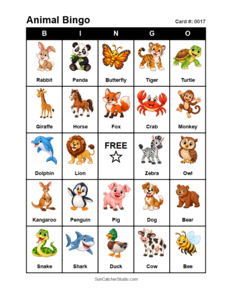 Animal Bingo Card #0017. Free printable animal bingo card for kids with animal pictures and words, perfect for classroom games, parties, preschool, and elementary school activities.