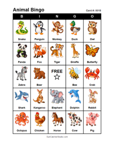 Animal Bingo Card #0018. Free printable animal bingo card for kids with animal pictures and words, perfect for classroom games, parties, preschool, and elementary school activities.