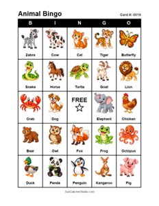 Animal Bingo Card #0019. Free printable animal bingo card for kids with animal pictures and words, perfect for classroom games, parties, preschool, and elementary school activities.