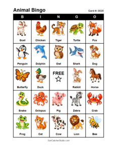 Animal Bingo Card #0020. Free printable animal bingo card for kids with animal pictures and words, perfect for classroom games, parties, preschool, and elementary school activities.