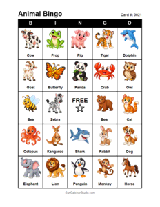 Animal Bingo Card #0021. Free printable animal bingo card for kids with animal pictures and words, perfect for classroom games, parties, preschool, and elementary school activities.