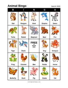 Animal Bingo Card #0022. Free printable animal bingo card for kids with animal pictures and words, perfect for classroom games, parties, preschool, and elementary school activities.
