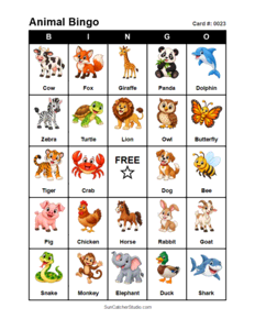 Animal Bingo Card #0023. Free printable animal bingo card for kids with animal pictures and words, perfect for classroom games, parties, preschool, and elementary school activities.