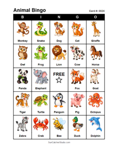 Animal Bingo Card #0024. Free printable animal bingo card for kids with animal pictures and words, perfect for classroom games, parties, preschool, and elementary school activities.