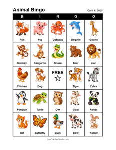Animal Bingo Card #0025. Free printable animal bingo card for kids with animal pictures and words, perfect for classroom games, parties, preschool, and elementary school activities.