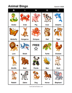 Animal Bingo Card #0026. Free printable animal bingo card for kids with animal pictures and words, perfect for classroom games, parties, preschool, and elementary school activities.
