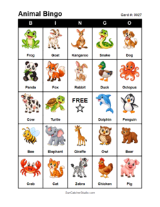 Animal Bingo Card #0027. Free printable animal bingo card for kids with animal pictures and words, perfect for classroom games, parties, preschool, and elementary school activities.