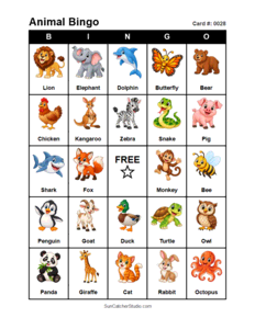 Animal Bingo Card #0028. Free printable animal bingo card for kids with animal pictures and words, perfect for classroom games, parties, preschool, and elementary school activities.